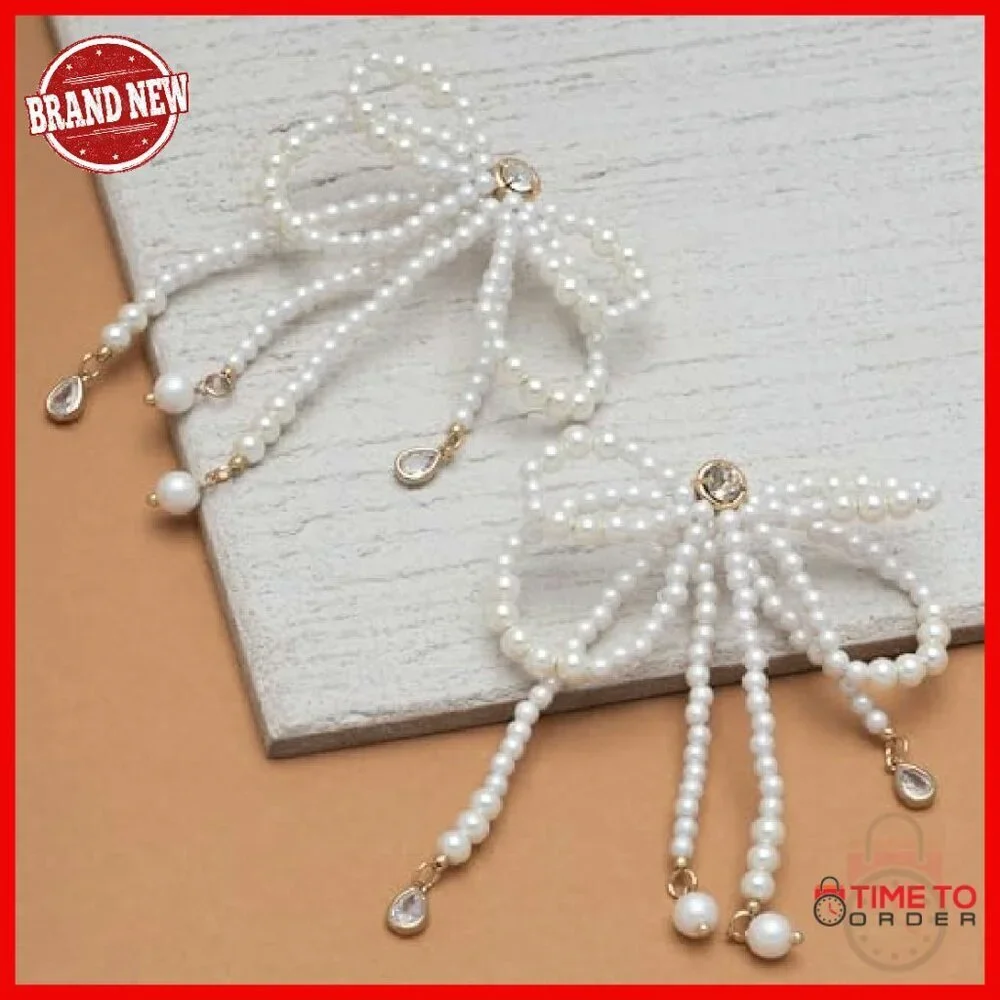 Silver Tone Brass Bow Earrings with Pearls and Crystals - 3.25
